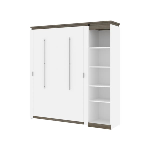 Orion Full Murphy Bed with Narrow Shelving Unit (79W), White & Walnut Grey